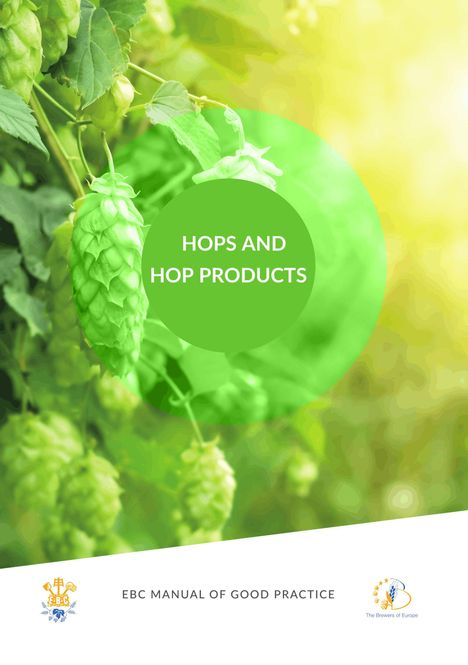 Text: "HOPS AND HOP PRODUCTS", "EBC MANUAL OF GOOD PRACTICE". Grüner Hopfen vor einem sonnigen Hintergrund. Links: EBC-Logo, rechts: Brauer-Logo.