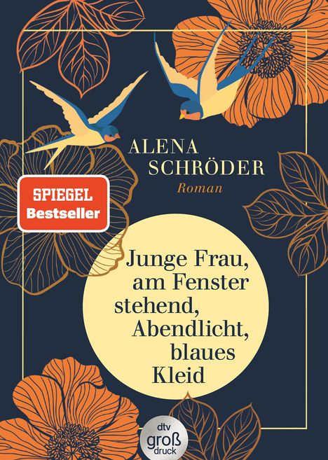 Alena Schröder: Junge Frau, am Fenster stehend, Abendlicht, blaues Kleid, Buch