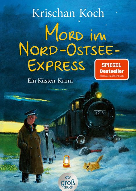 "Mord im Nord-Ostsee-Express", Krimi-Cover mit Zug, zwei Männern, Laterne, und einem Hund im Schnee unter nächtlichem Himmel.