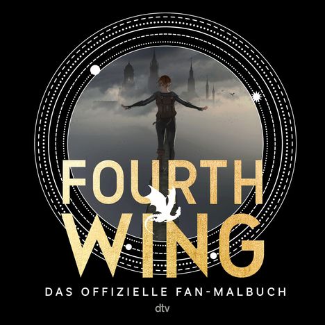 "Fourth Wing: Das offizielle Fan-Malbuch." Silhouette einer Person vor nebliger Stadt, umgeben von kreisförmigen Mustern.