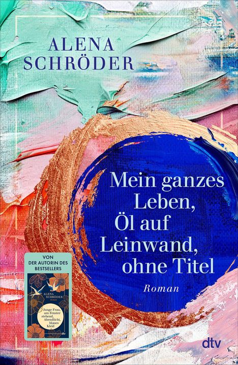 "Mein ganzes Leben, Öl auf Leinwand, ohne Titel" steht auf einem farbenfrohen abstrakten Hintergrund in Pastellfarben.