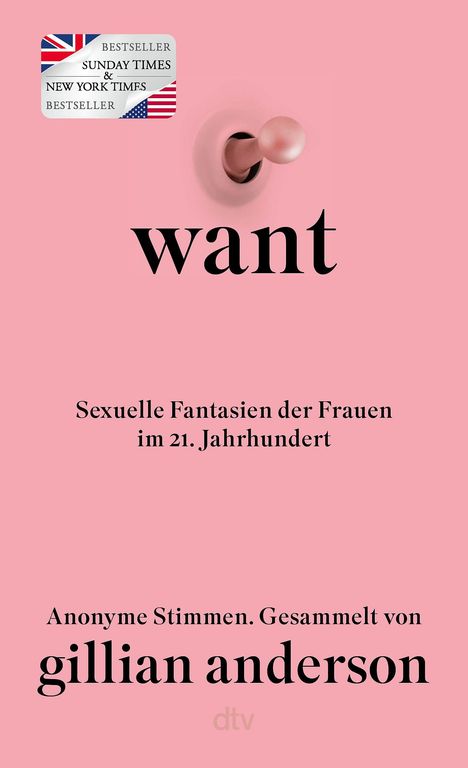 „Want“ – Sexuelle Fantasien der Frauen im 21. Jahrhundert. Anonyme Stimmen. Gesammelt von Gillian Anderson. Rosa Hintergrund.