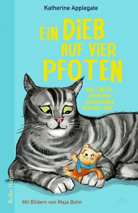 „Ein Dieb auf vier Pfoten“ in gelber Schrift. Illustration: Eine grau gestreifte Katze neben einem orangefarbenen Stofftier.