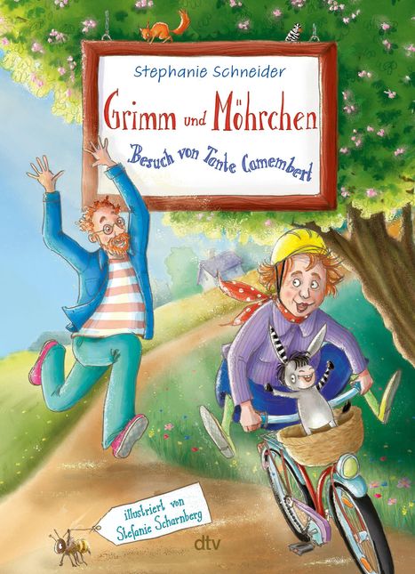 Buchtitel: "Grimm und Möhrchen - Besuch von Tante Camembert". Illustration zeigt einen Mann, ein Kind auf einem Fahrrad mit einem Esel im Korb.