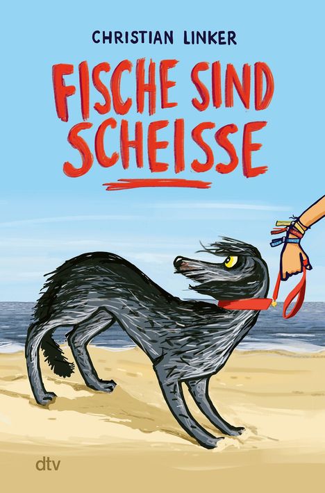 "Christian Linker, Fische sind scheiße." Ein schwarzer Hund wird an roter Leine am Strand geführt.