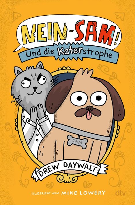 "NEIN-SAM! Und die Katerstrophe" oben. Illustration eines Hundes mit Marke "SAM" und einer grauen Katze im weißen Anzug.