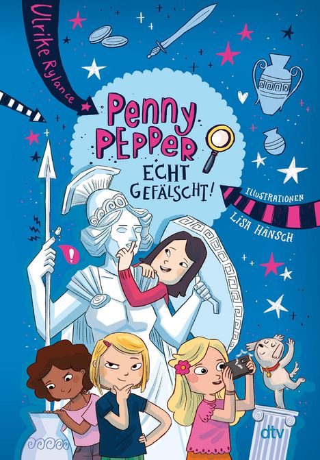 Buchtitel: "Penny Pepper: Echt gefälscht!" Illustration von Kindern, einer Statue und einem verspielten Hund auf einer Säule.