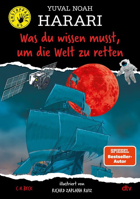 „Was du wissen musst, um die Welt zu retten.“ Illustration: Rotes Mondbild, Astronaut, Segelschiff, Satellit im All.