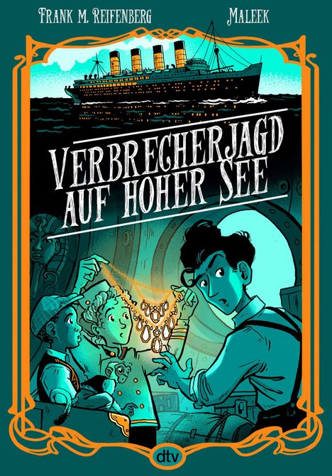 Buchtitel: "Aristide Ledoux: Verbrecherjagd auf hoher See". Illustration: Drei Personen betrachten staunend eine Halskette.