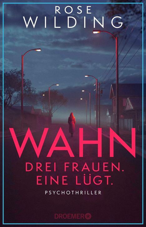 WORTLAUT: ROSE WILDING, WAHN, DREI FRAUEN. EINE LÜGT. PSYCHOTHRILLER. Nachtstraße, Person in rotem Mantel, Straßenlampen.
