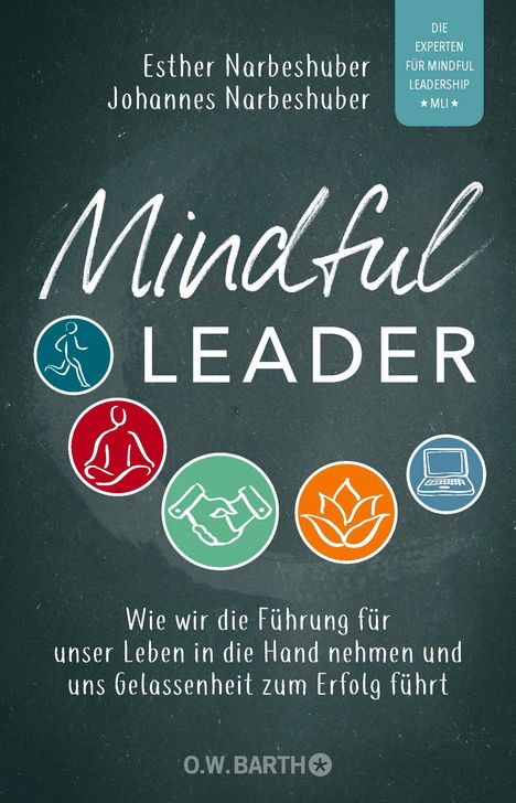 "Mindful Leader" von Esther und Johannes Narbeshuber: Führung mit Gelassenheit. Verschiedene Symbole zeigen Bewegung, Meditation, Handschlag, Lotus und Laptop.