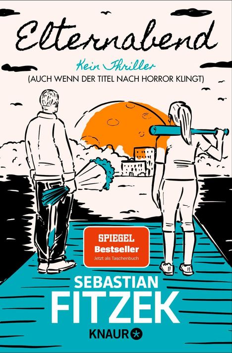 „Elternabend, kein Thriller“, darunter zwei Personen am Wasser, eine hält Blumen, die andere einen Schläger.