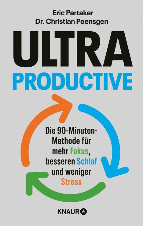 "ULTRA PRODUCTIVE", Autoren: Eric Partaker, Dr. Christian Poensgen. 90-Minuten-Methode für Fokus, Schlaf, weniger Stress; KNAUR. Farbpfeile im Kreis.