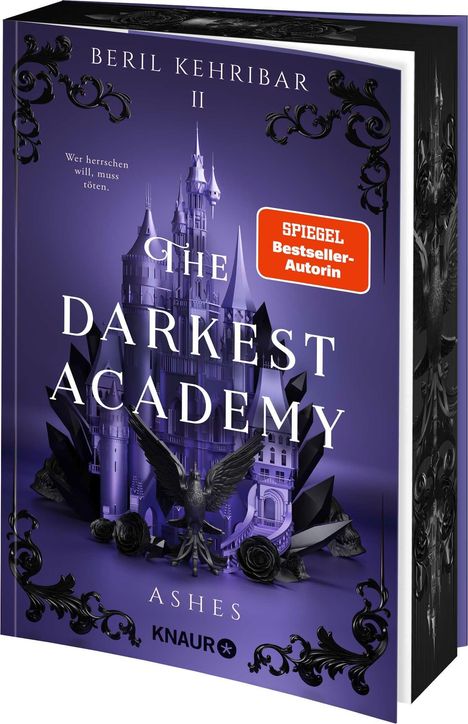 "The Darkest Academy", violette Buchabdeckung mit Schloss und schwarzem Raben. Text: "Wer herrschen will, muss töten."