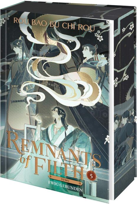 Text: "Remnants of Filth", "Rou Bao Bu Chi Rou", "YUWU", "Ewig Gebunden". Illustration mit eleganten, historischen Figuren.