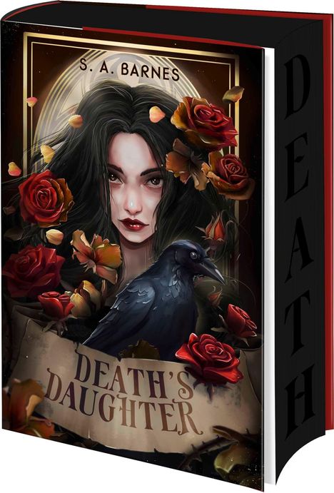 "DEATH'S DAUGHTER" von S. A. Barnes. Illustration: Frau mit dunklem Haar, Rabe, rote Rosen, düstere Atmosphäre.