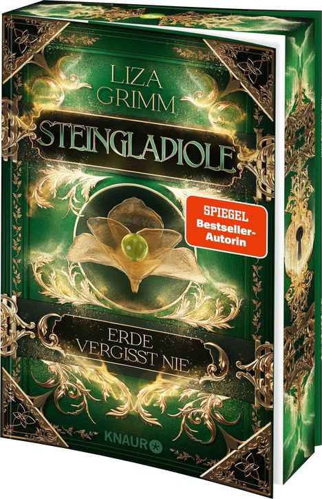Texte: "Liza Grimm", "Steingladiole", "Erde vergisst nie", "Spiegel Bestseller-Autorin". 

Grünes Buchcover mit goldenen Verzierungen.