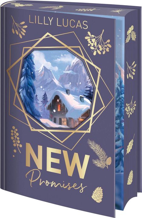 Buchtitel: "NEW Promises" von Lilly Lucas. Illustration eines verschneiten Hauses in den Bergen, umgeben von Tannen.