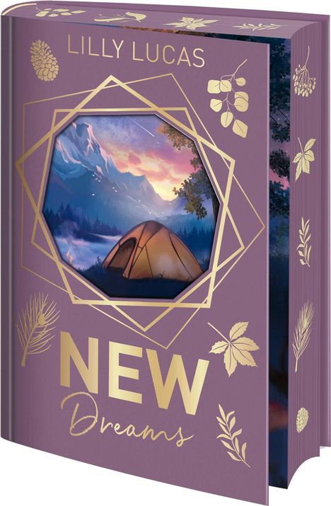 Text: "Lilly Lucas", "NEW Dreams". Illustration: Berglandschaft mit Zelt im Sonnenuntergang, violetter Einband mit goldenen Blättern.