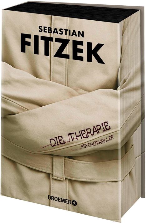 "Sebastian Fitzek: Die Therapie, Psychothriller" und "Droemer". Ein Buch, umhüllt von einer Zwangsjacke.