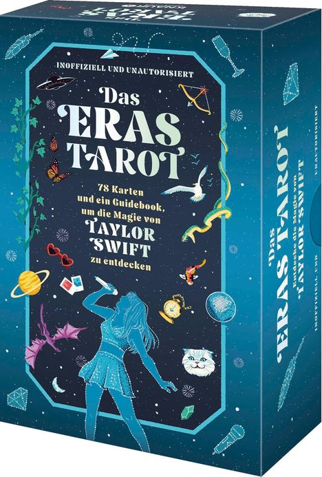 "Inoffiziell und unautorisiert: Das Eras Tarot. 78 Karten und ein Guidebook, um die Magie von Taylor Swift zu entdecken."  
Illustration mit Sternenhimmel, Sängerin und Symbolen wie Katze und Schmetterling.