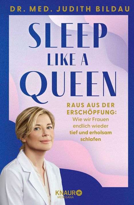 „SLEEP LIKE A QUEEN“ steht groß drauf, „Raus aus der Erschöpfung“ kleiner. Bild von Frau in weißem Kittel unten links.