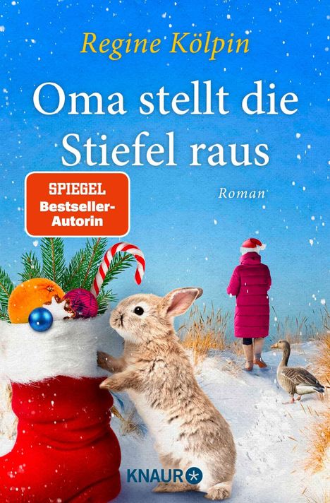 "Oma stellt die Stiefel raus" von Regine Kölpin. Ein Hase, ein roter Stiefel und eine Frau im Schnee.
