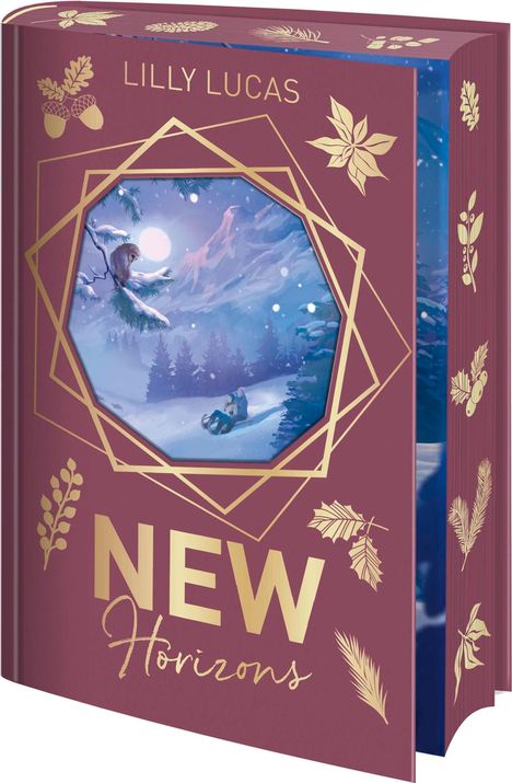 Titel: "NEW Horizons" von LILLY LUCAS. Buchcover in Bordeaux mit goldenen Blattmustern und einem winterlichen Gemälde.