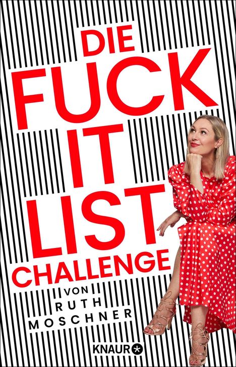 "Die Fuck It List Challenge" steht in roten Buchstaben auf schwarz-weißgestreiftem Hintergrund. Rechts eine Frau in einem roten Kleid.