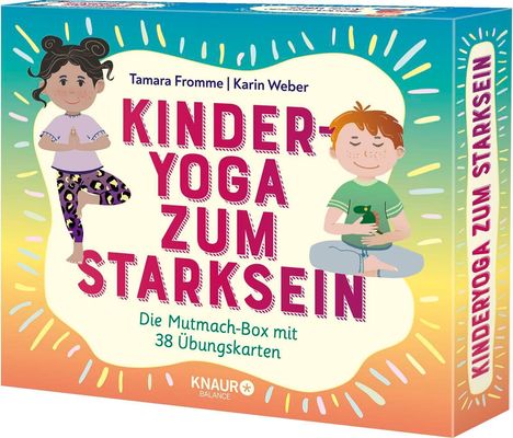 "KINDER-YOGA ZUM STARKSEIN: Die Mutmach-Box mit 38 Übungskarten." Zwei Kinder, die Yoga-Posen machen, umgeben von bunten Strahlen.