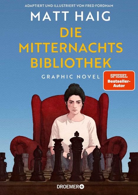 "Die Mitternachtsbibliothek. Spiegel Bestseller-Autor. Illustration: Eine Person sitzt vor einem Schachspiel."