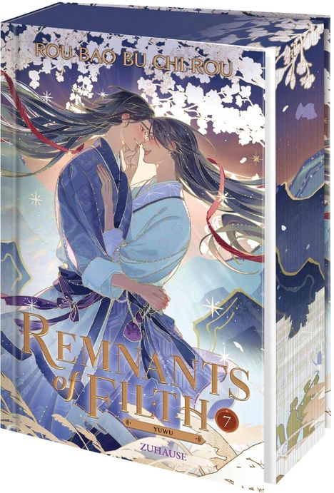 "ROU BAO BU CHI ROU", "Remnants of Filth", "Yuwu", "Zuhause", Illustration von zwei in Blau gekleideten Figuren, Blumen im Hintergrund.