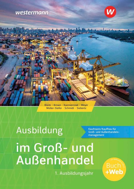 Text: "Ausbildung im Groß- und Außenhandel. 1. Ausbildungsjahr. Buch + Web." Bild eines Hafens mit Containern bei Sonnenuntergang.