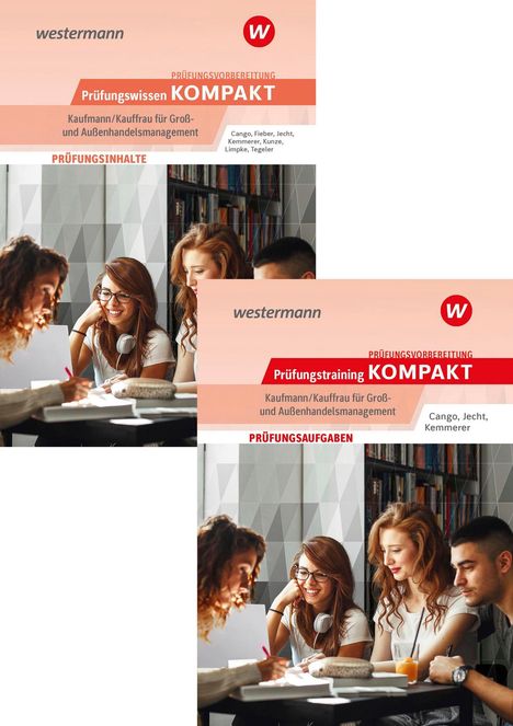 Zwei Buchcover mit Titeln "Prüfungswissen KOMPAKT" und "Prüfungstraining KOMPAKT". Junge Leute lernen gemeinsam.