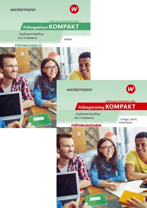 Zwei Buchcover mit Text: "westermann", "Prüfungsvorbereitung KOMPAKT", "Kaufmann/Kauffrau im E-Commerce". Motiv: Lachende Personen.