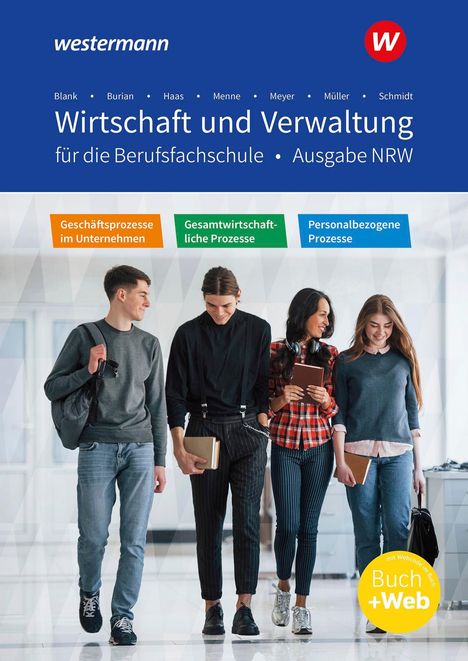 „Wirtschaft und Verwaltung“ steht oben. Vier junge Menschen gehen lächelnd nebeneinander, jeder hält ein Buch.