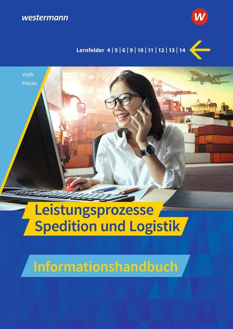 Leistungsprozesse Spedition und Logistik: Frau am Computer telefoniert, im Hintergrund Container und Flugzeug.