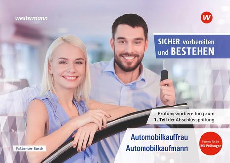 "SICHER vorbereiten und BESTEHEN", zwei lächelnde Personen, eine Frau und ein Mann, mit Autoschlüssel, Logo oben rechts.