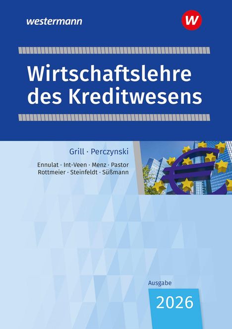 „Wirtschaftslehre des Kreditwesens“, Autoren und Jahr 2026. Hintergrund in Blau, Euro-Symbol, Gebäude-Skizze.