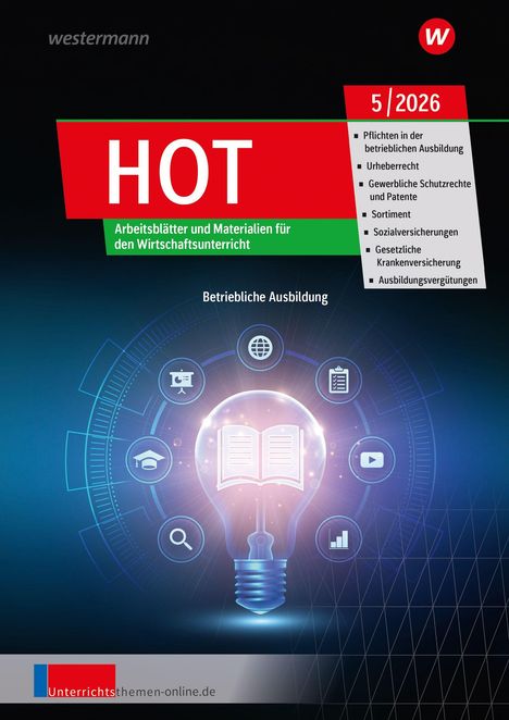 "Pflichten in der betrieblichen Ausbildung", 5/2026, roter Balken mit "HOT", Glühbirne umgeben von Bildungssymbolen.
