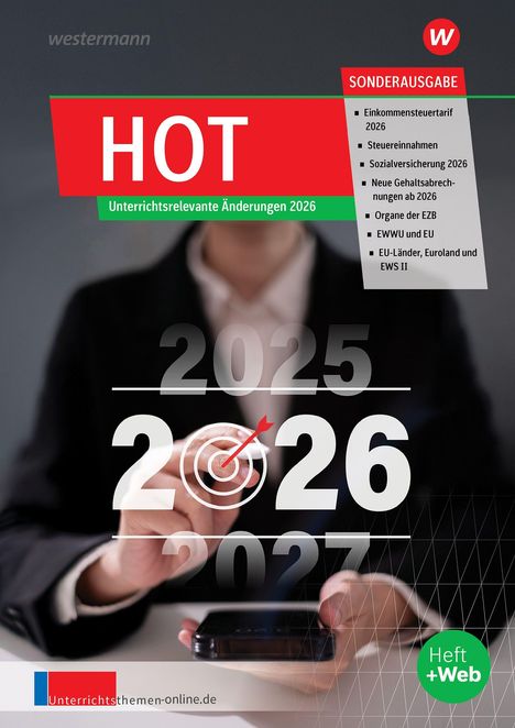 "HOT: Unterrichtsrelevante Änderungen 2026" steht auf einem roten Banner. Eine Hand zeigt auf "2026".