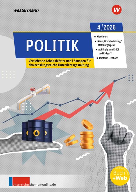 Text: "POLITIK 4/2026" Themen: Klassismus, Grundsicherung, Erdölabhängigkeit, Midterm Elections. Hand mit Ölfässern, Münzen.