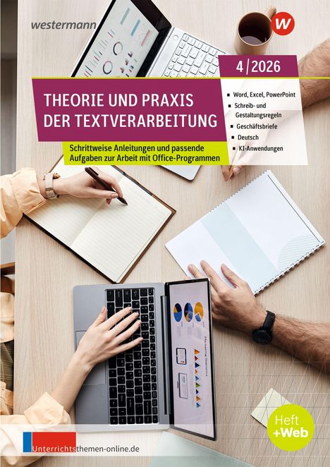 „Theorie und Praxis der Textverarbeitung“ steht auf einem Magazincover mit Laptop, Notizblock und Kaffeetasse.