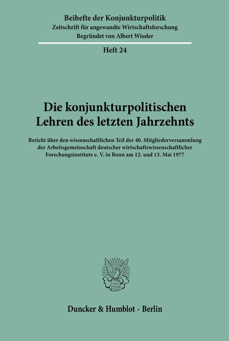 /: Die konjunkturpolitischen Lehren des letzten Jahrzehnts., Buch
