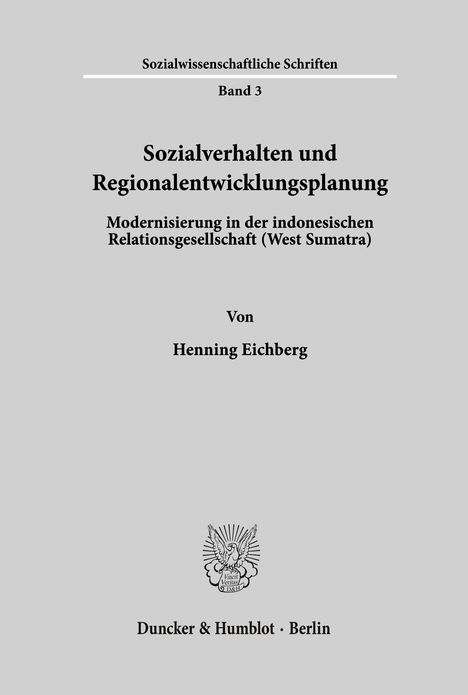 Titel: Sozialverhalten und Regionalentwicklungsplanung. Autor: Henning Eichberg. Verlag: Duncker & Humblot, Berlin. Oben ist ein Logo.