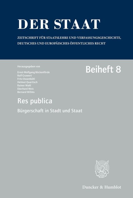 Text: "DER STAAT", "Beiheft 8", "Res publica", "Bürgerschaft in Stadt und Staat". Blaue und graue Farbzonen.