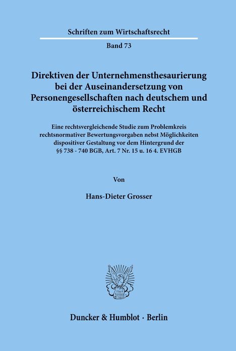 Schriften zum Wirtschaftsrecht Band 73. Titel von Hans-Dieter Grosser. Unten ein stilisiertes Adler-Logo. Verlag in Berlin.