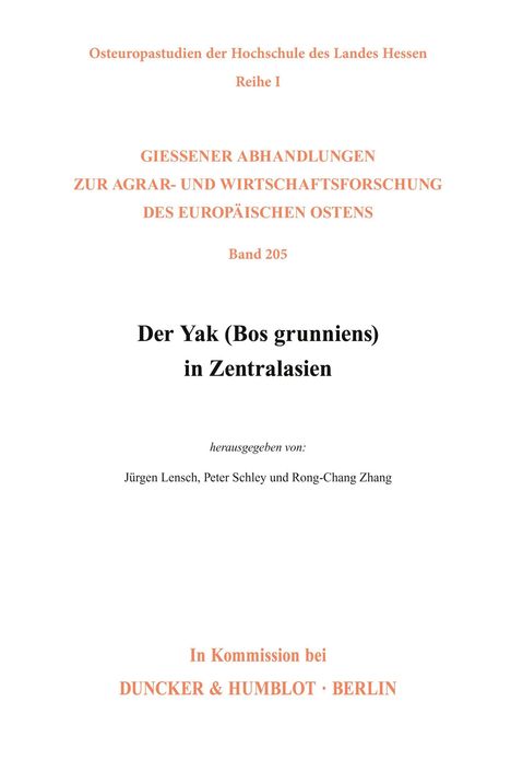 "Osteuropastudien der..." oben, Titel "Der Yak (Bos grunniens) in Zentralasien", Herausgeber und Verlag unten.
