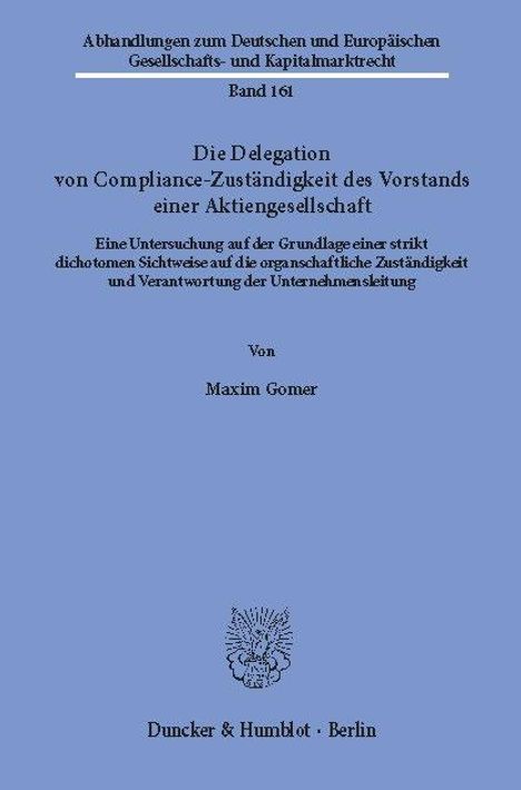 Maxim Gomer: Gomer, M: Delegation von Compliance-Zuständigkeit des Vorsta, Buch