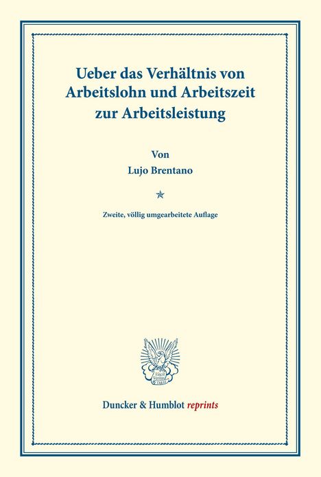 Ueber das Verhältnis von Arbeitslohn und Arbeitszeit zur Arbeitsleistung. Von Lujo Brentano. Beige Buchseite mit blauem Text.